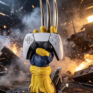 May include: A yellow and blue gloved hand with three long silver metal claws extending upward, firmly gripping a white and black wireless game controller. The glove features detailed stitching and segmented padding, while the controller displays standard directional buttons, analog sticks, and a central touchpad.