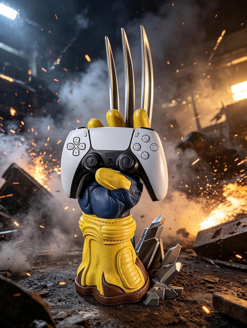 May include: A yellow and blue gloved hand with three long silver metal claws extending upward, firmly gripping a white and black wireless game controller. The glove features detailed stitching and segmented padding, while the controller displays standard directional buttons, analog sticks, and a central touchpad.