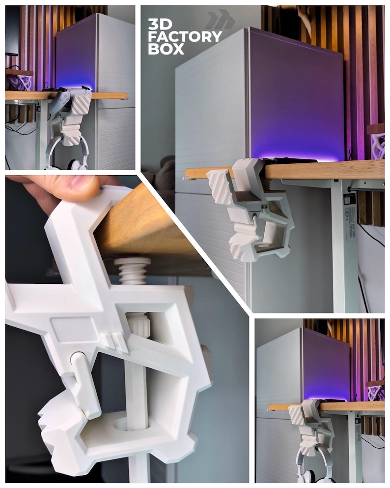 May include: A white 3D-printed headphone holder clamped to a wooden desk. The holder is supporting a pair of white headphones. The text "3D FACTORY BOX" is visible in the image. A computer tower with purple lighting is also visible.