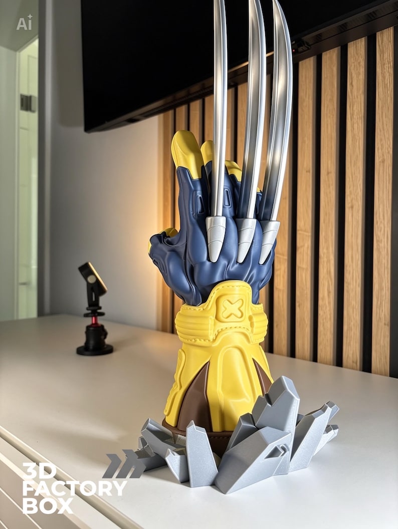May include: A blue and yellow gauntlet featuring three long, silver-colored metallic claws extending from the knuckles. The gauntlet has a yellow wrist cuff with an X emblem and is mounted on a base of jagged, light gray crystalline structures.