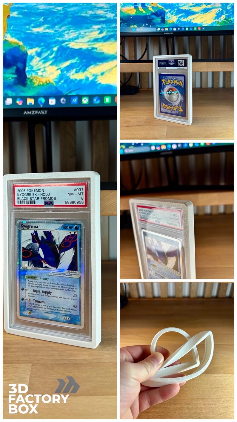 May include: A white 3D-printed protective case for a Pok&eacute;mon trading card. The card features Kyogre ex from the Black Star Promos series. The case is designed to hold and display the card, with the text "3D FACTORY BOX" visible.