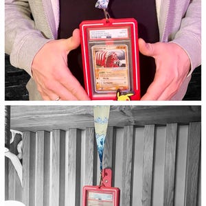May include: A red card holder with a Pokemon trading card inside, hanging from a lanyard with a wave pattern. A Pikachu charm is attached to the holder. The card is graded and encased in a protective case.