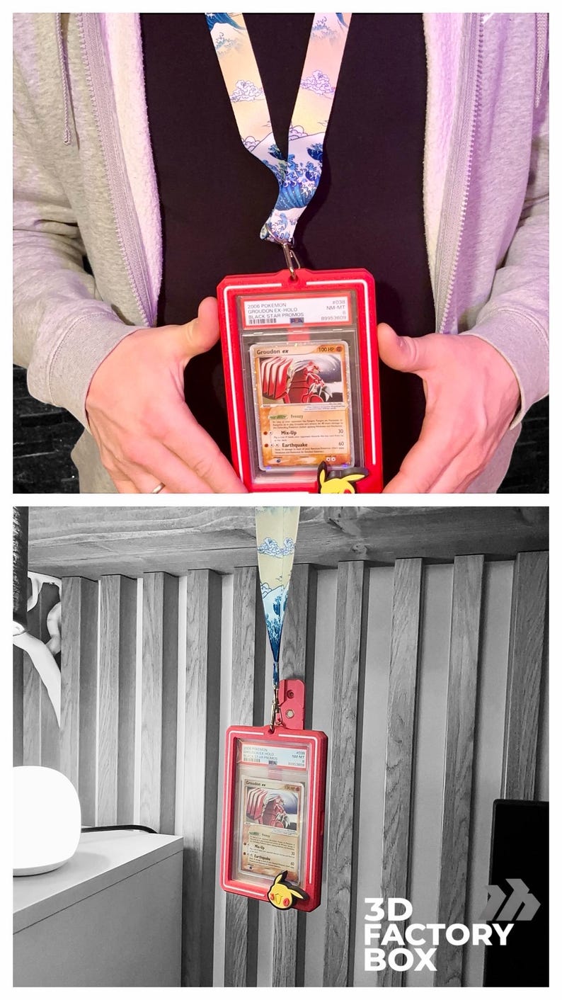 May include: A red card holder with a Pokemon trading card inside, hanging from a lanyard with a wave pattern. A Pikachu charm is attached to the holder. The card is graded and encased in a protective case.
