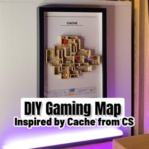 Könnte beinhalten: Eine gerahmte DIY-Gaming-Karte, inspiriert von Cache aus CS. Die Karte ist ein 3D-Modell mit beigefarbenen Wänden und farbenfrohen Akzenten. Der Rahmen ist schwarz, und der Text "CACHE" ist oben sichtbar. Der Text "DIY Gaming Map Inspired by Cache from CS" steht unten.