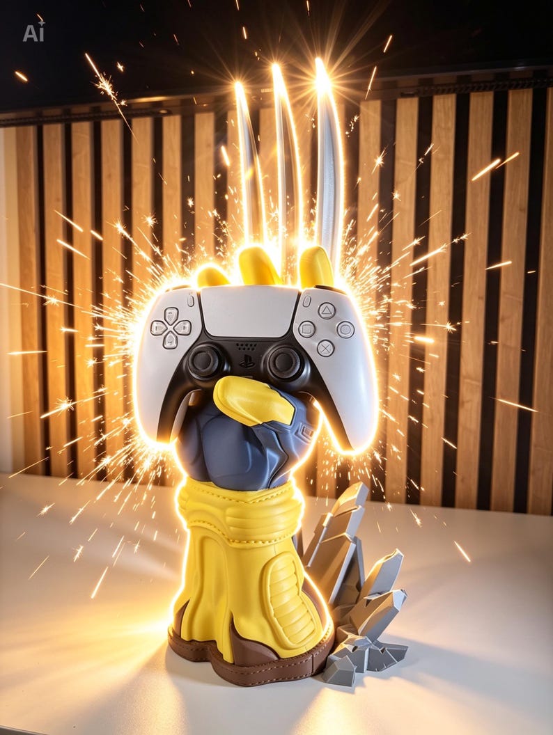 May include: A yellow and blue gloved hand sculpture holding a white and black game controller. Three metallic blades extend upward from the hand, surrounded by bright light and sparks. The base features jagged gray rock-like elements.