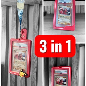 May include: A red frame holding a Pokemon card, with a Pikachu charm. The frame is designed for desktop, wall, and necklace display. The image also shows a banner with a wave design and the text "3 in 1".