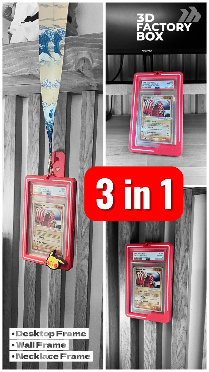 May include: A red frame holding a Pokemon card, with a Pikachu charm. The frame is designed for desktop, wall, and necklace display. The image also shows a banner with a wave design and the text "3 in 1".