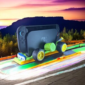 K&ouml;nnte beinhalten: Eine schwarze Nintendo Switch-Konsole, montiert auf einem gelb-gr&uuml;nen St&auml;nder mit R&auml;dern. Der St&auml;nder hat eine gr&uuml;ne Brennstoffzelle und der Text "Switch2 Stand" ist wei&szlig; dargestellt.