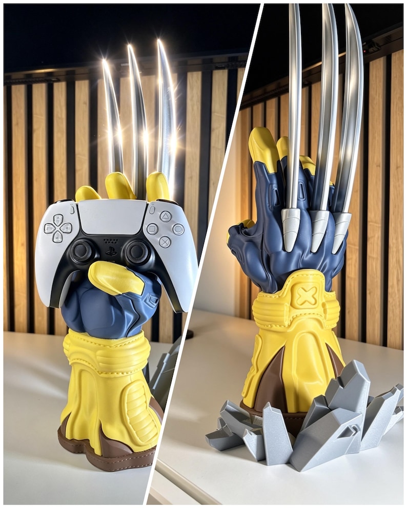 May include: A blue and yellow gauntlet-style stand featuring three long, silver metallic claws extending upward. The stand is designed to hold a white and black video game controller, with a base shaped like jagged gray rock fragments.