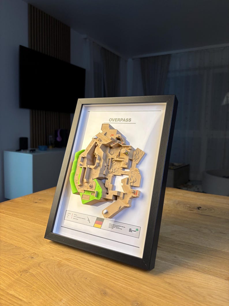May include: A framed 3D map of a video game level, labeled "OVERPASS." The map features a detailed, multi-layered design with tan and green elements, set against a white background. The frame is black, and the map is displayed on a wooden surface.