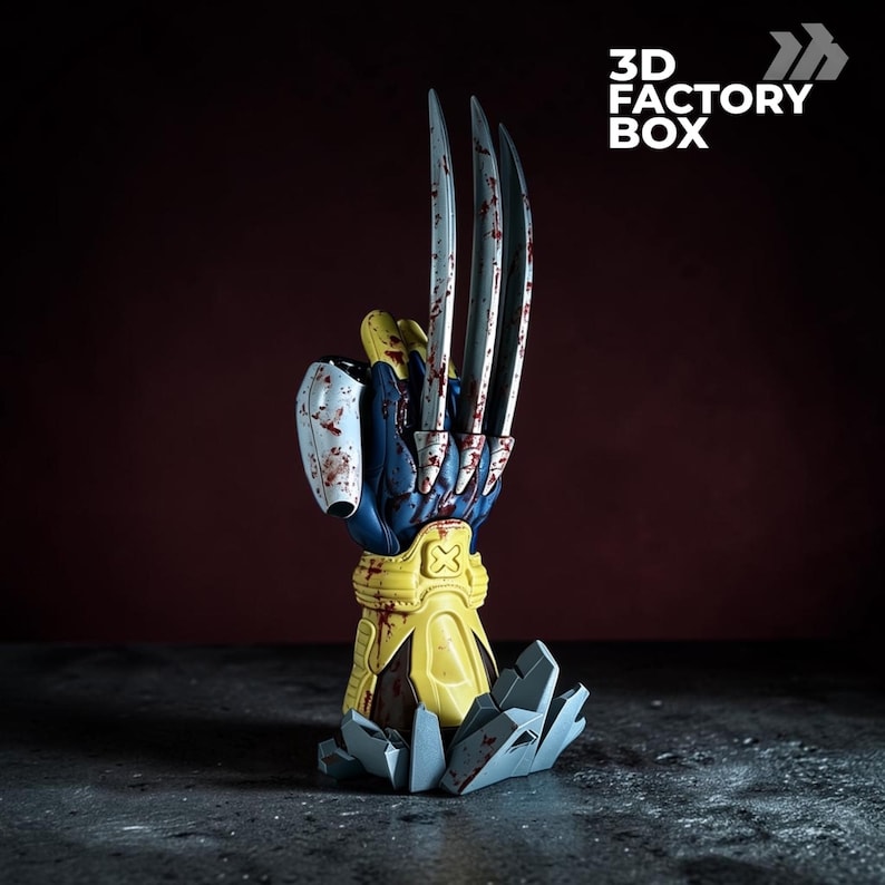 May include: A 3D printed sculpture of a blue and yellow gloved hand with three long, sharp, metallic silver claws extending upward. The glove features red blood-like splatters and is mounted on a gray, jagged, rock-like base. Text reads 3D FACTORY BOX.