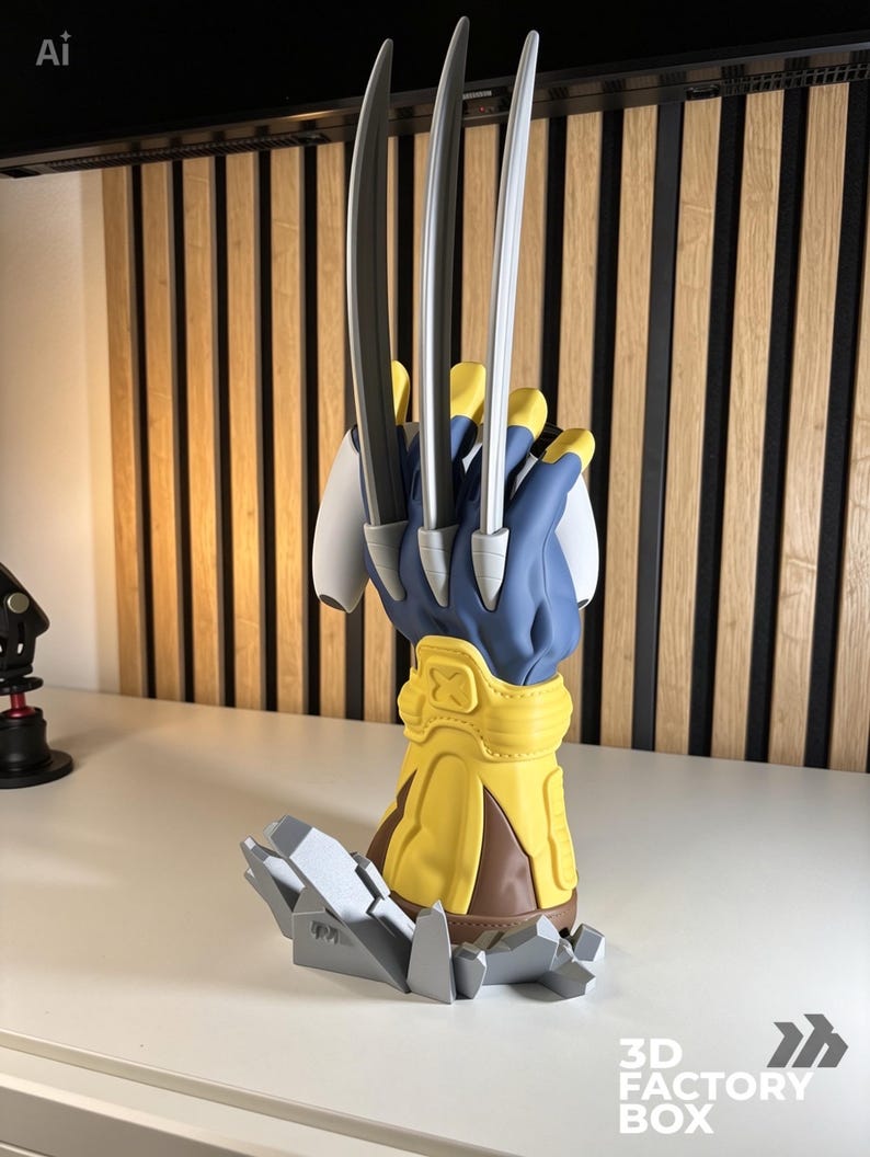 May include: A 3D printed figurine of a blue and yellow gloved hand with three long silver claws extending upward. The hand is mounted on a jagged gray base. The text 3D FACTORY BOX is visible in the bottom right corner of the image.