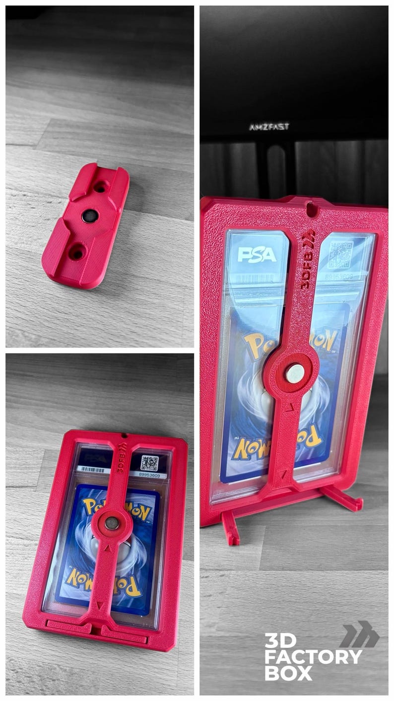 May include: A red 3D-printed card holder with a clear plastic insert, designed to hold a graded trading card. The holder features a locking mechanism and a stand for display. The text "3DFB" is visible.