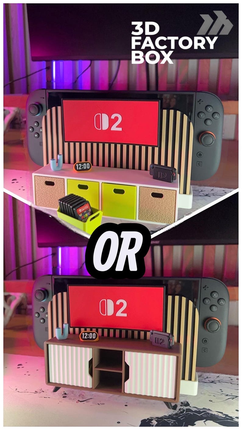 May include: A 3D Factory Box display featuring a Nintendo Switch console with a red screen displaying the number "02". The display includes a miniature cabinet with drawers and a clock showing "12:00". The word "OR" is in the center of the image.