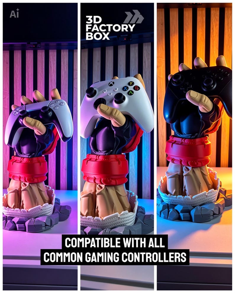 Puede incluir: Un soporte con forma de mano esculpida con una mu&ntilde;equera roja y una base de tela color canela, dise&ntilde;ado para sostener mandos de juego. El soporte se muestra con mandos blancos y negros. El texto dice 3D FACTORY BOX y COMPATIBLE WITH ALL COMMON GAMING CONTROLLERS.