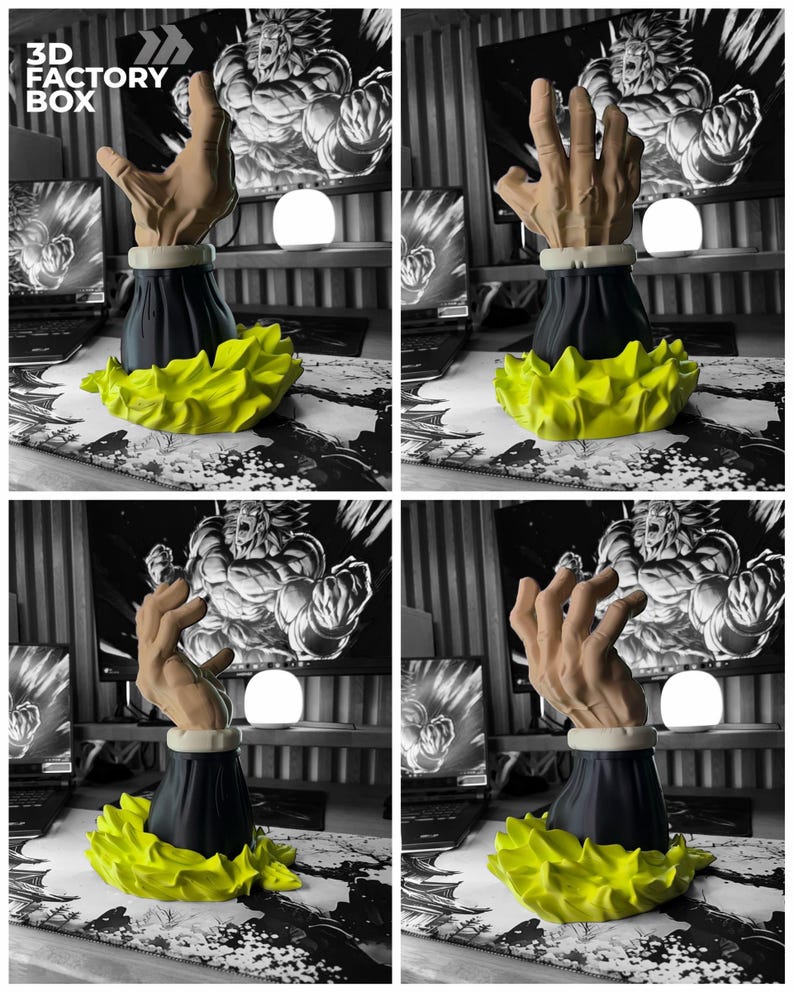 Op de afbeelding: Een 3D-geprinte sculptuur van een hand met een zwarte basis en een gele, stekelige accent. De hand heeft een lichtbruine kleur en de sculptuur heeft een gedetailleerd, getextureerd uiterlijk. De sculptuur is waarschijnlijk een decoratief item of een uniek kunstwerk.