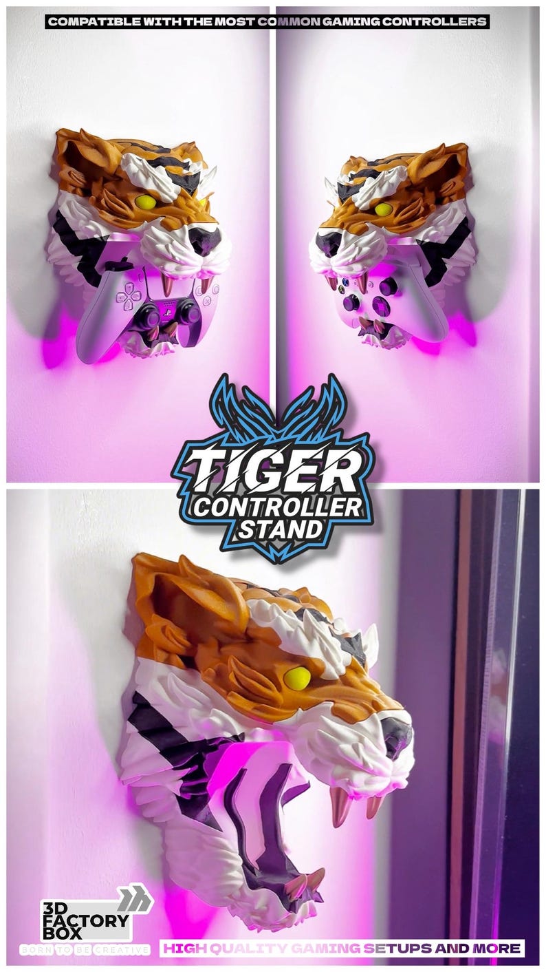 May include: A tiger-head controller stand in shades of brown, white, and orange, designed to hold a gaming controller. The stand has yellow eyes and sharp teeth. Text on the stand reads "TIGER CONTROLLER STAND". The image also includes the text "COMPATIBLE WITH THE MOST COMMON GAMING CONTROLLERS".