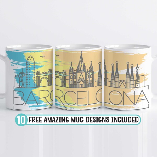 Watercolor Coffee Mug, Barcelona Mug Wrap, Sublimation Mug wrap template, Sublimation Design Coffee mug, Spain souvenirs Coffee mug design