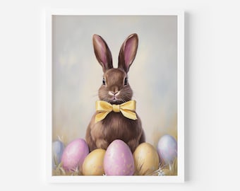 Lámina artística vintage de conejo de Pascua: decoración infantil primaveral neutra (descarga digital)
