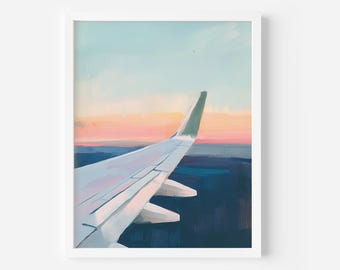 Puede incluir: Una pintura de un ala de avión con una puesta de sol rosa y naranja en el fondo. El ala es blanca con una punta azul y verde.