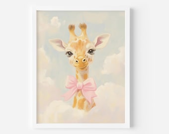 Stampa artistica di una giraffa con fiocco rosa: decorazione per la cameretta delle bambine (arte digitale), Coquette Prints