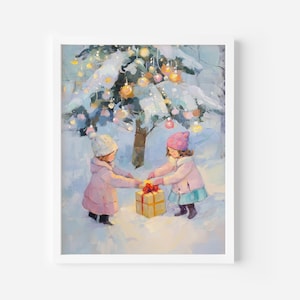 Christmas Tree Art Print, snowy Christmas Decor, Holiday Season Wall Art, Winter Home Decor, Girly Winter Printable, Pink Holiday Wall Art