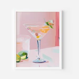 Summer Cocktail Pink Bar Cart Art, Malarstwo akrylowe, Modna sztuka ścienna, Dekoracja retro baru, Malowanie drinków Martini, Malowanie w delikatnych kolorach