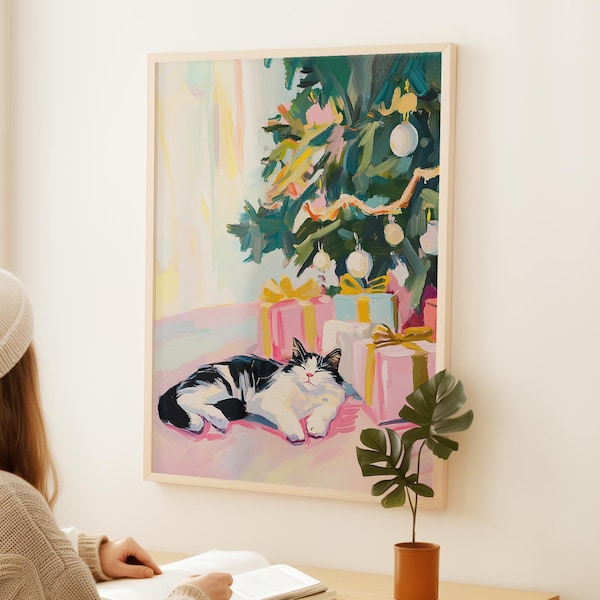 Weihnachtskätzchen Art print, Weihnachtsbaumdruck, Stilllebenkunst, süsse Feiertagsdekoration, Weihnachtskatzenkunst, Weihnachtsplakat, Weihnachtskätzchendruck