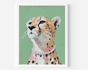 Glamoröst gepardporträttkonsttryck: Maximalistisk heminredning (digitalt tryck), lyxig leopardposter