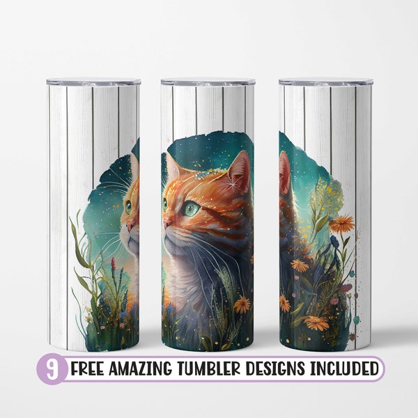 Boho Cat 20oz Skinny Tumbler, Sublimation Design-Straight & Tapered, Boho Cat Tumbler Wrap, Cat PNG, Cat Sublimation file, Orange cat tumbler