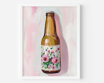 Lámina artística de botella de cerveza con flores: Decoración original para carrito de bar (descarga digital)
