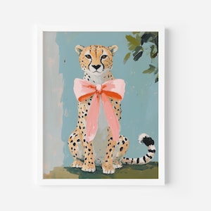 Cheetah Pink Bow Wall Art, Trendy Leopard Prints, Coquette Wall Art, Girl Room decor, Minimal Cheetah Art, Animal Poster, Aesthetic Wall Art