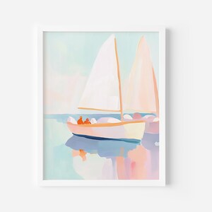 Pink Sailboat Printable, Pastel Colours Sunset Art Print, Coastal Wall Decor, Beach House Decor, Summer Ocean Landscape, Seashore Wall art