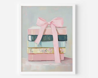 Coquette Book Stack Art Print: Pink Bow, Girly Room Decor (Digital Download)