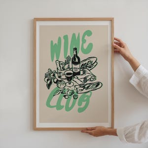 Wijnclubposter, barwagenafdruk, vintage etensposter, handgetekende illustratie, moderne print uit het midden van de eeuw, modern keukendecor, wijnposter