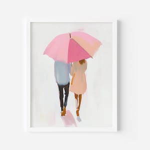 Pink Umbrella Couple Art Print, Romantic Rainy Day Love Painting, Valentine&#39;s Printable, Sweethearts Under Umbrella Print, Digital Wall Art