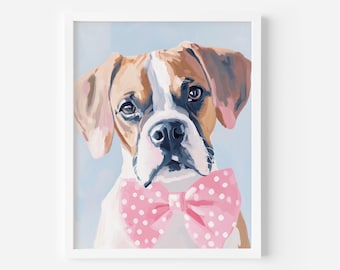 May include: A painting of a brown and white dog wearing a pink bow tie with white polka dots. The dog is looking directly at the viewer with a serious expression. The background is a light blue color.