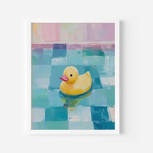May include: A yellow rubber ducky floats in a blue and white tiled pool. The ducky has a pink beak and a light blue background.