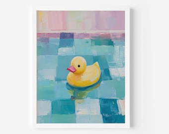 Yellow Rubber Duck Art Print: Playful Pool Scene (Digital Download), Playful Summer Decor