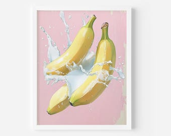 Banany do druku, uroczy wystrój kuchni, minimalistyczny plakat z owocami, nadruk z mlekiem i bananami, wydruk artystyczny z bananami, pobieranie cyfrowe, malarstwo pastelowe