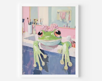 Arte de rana en la bañera: Póster retro rosa para baño (descarga digital)