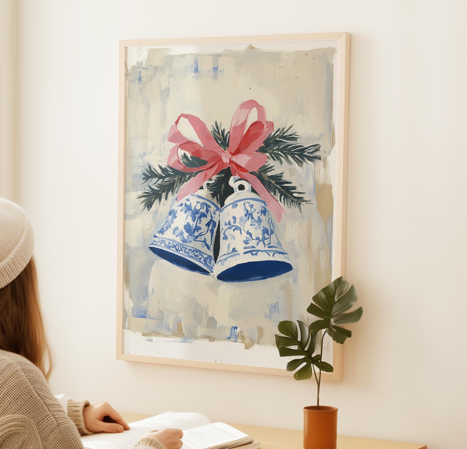 Chinoiserie Christmas Bells Art: Vintage Delft Blue Holiday Print