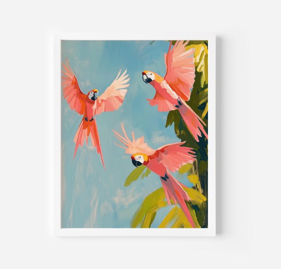 Botanical Parrot Art Print: Tropical Jungle Birds Poster (Digital Download), Safari Rainforest Decor