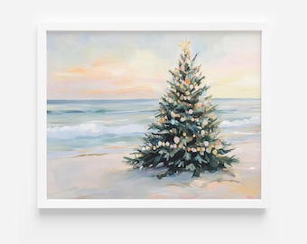 Pastel Beach Christmas Tree Art Print: Nautical Holiday Decor (Digital Download), Winter Tropical poster