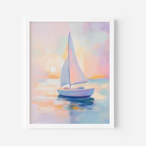 Nautical Seascape Printable, Vintage Beach House Decor, Sailboat Coastal Summer Print, Digital Download, Pastel Acrylic Painting, Room Decor