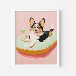 Sztuka ścienna Vintage Corgi Dog Cocktail, wydruk terapeutyczny Vintage Bar Cart, sztuka ścienna Retro Girly, estetyczny wystrój kuchni, martwa natura
