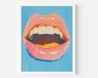 Lámina artística de labios rosas retro: decoración de dormitorio preppy de los 90 (descarga digital), arte pop femenino