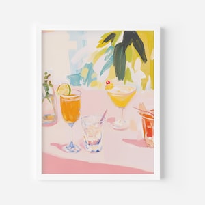 Summer Cocktail Print, Pink Bar Cart Art Print, Retro Summer Prints, Aesthetic Kitchen Wall Decor, Preppy Drink Painting, Trendy Wall Art