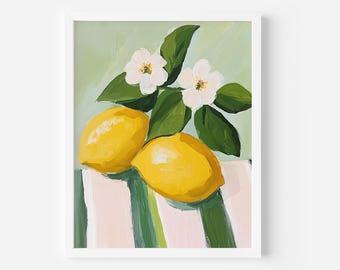 Impression d'art citrons et marguerites : décoration murale de cuisine tendance (téléchargement numérique), impression de fruits