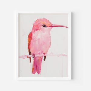 May include: A pink hummingbird with a long beak perched on a branch. The bird is painted in a loose, impressionistic style with visible brushstrokes.